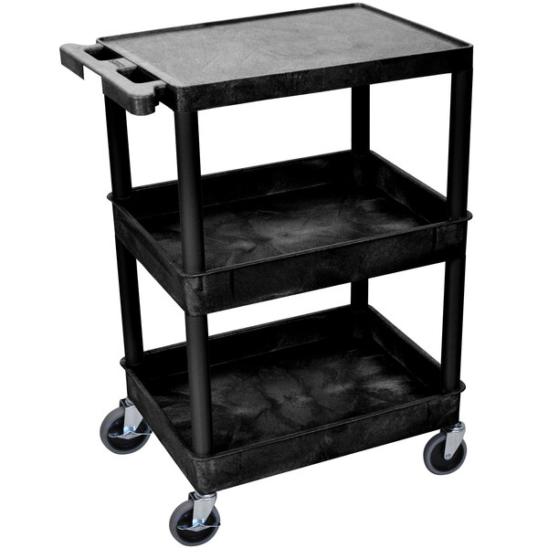 A black Luxor plastic utility cart with three shelves and wheels.