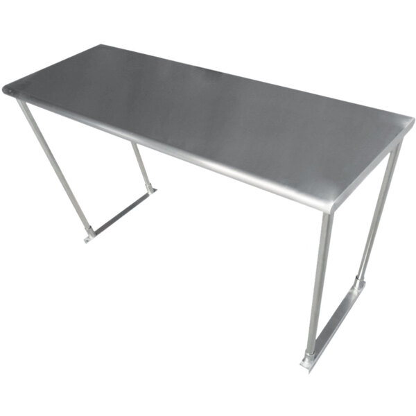 A long rectangular stainless steel table with a metal frame and a table mounted stainless steel overshelf.