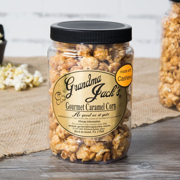 A jar of Grandma Jack's Gourmet Caramel Corn with Cashews.
