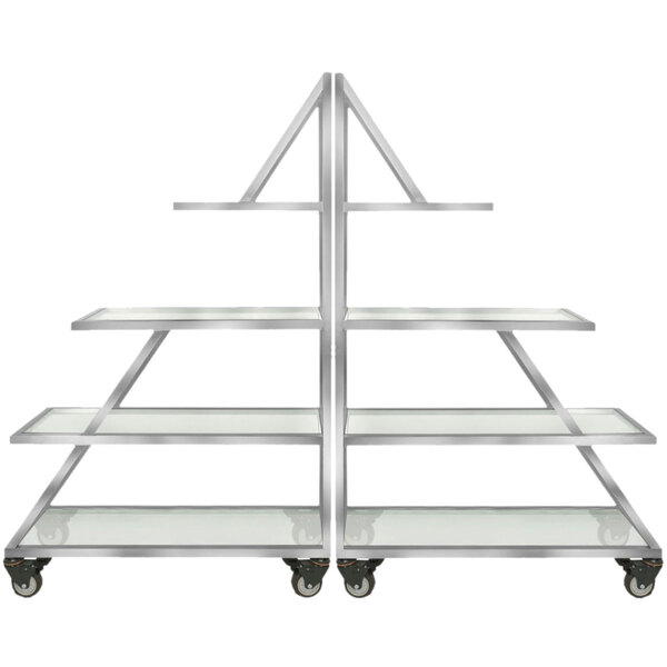 A silver metal Eastern Tabletop rolling buffet cart with clear tempered glass shelves.