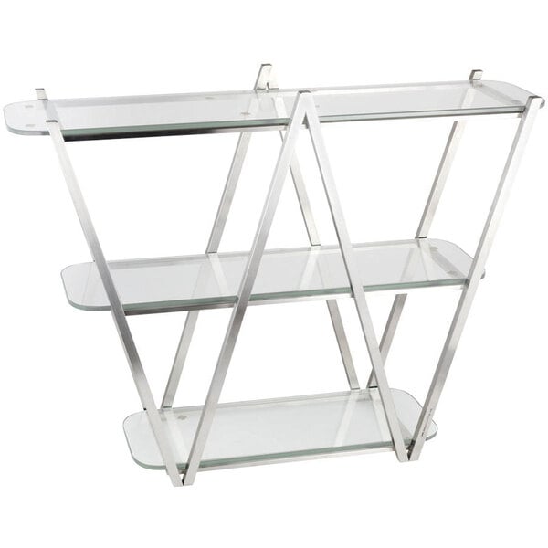 A stainless steel and glass 3 tier display stand by Eastern Tabletop.