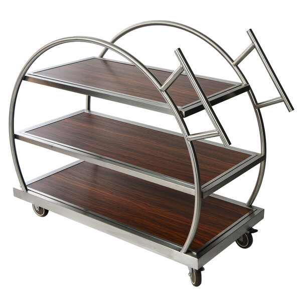 A stainless steel and wood serving cart with wheels.