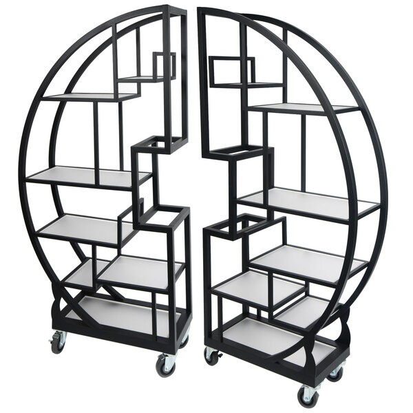 A black coated steel rolling buffet cart with two glass shelves on wheels.