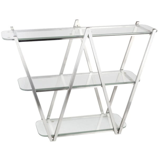 A stainless steel Eastern Tabletop 3 tier display stand with acrylic shelves.