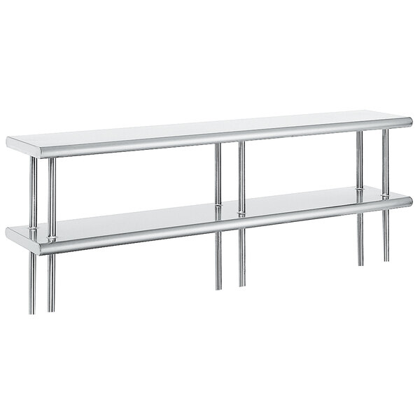 An Advance Tabco stainless steel table mounted double deck shelf with two shelves.