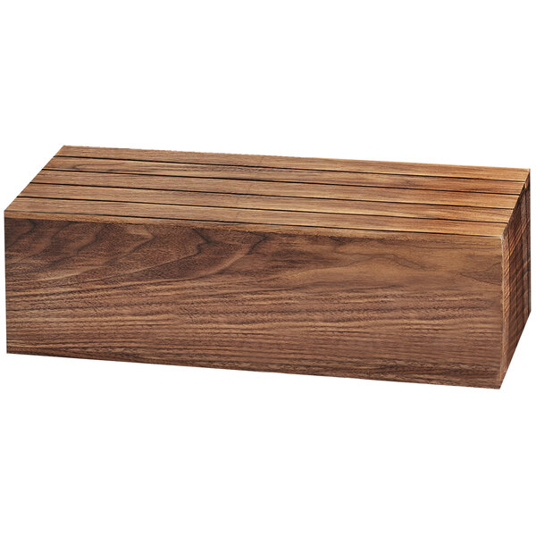 A walnut rectangular riser with a white background.