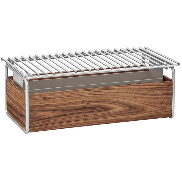 A wood and metal Cal-Mil chafer alternative with a grill.