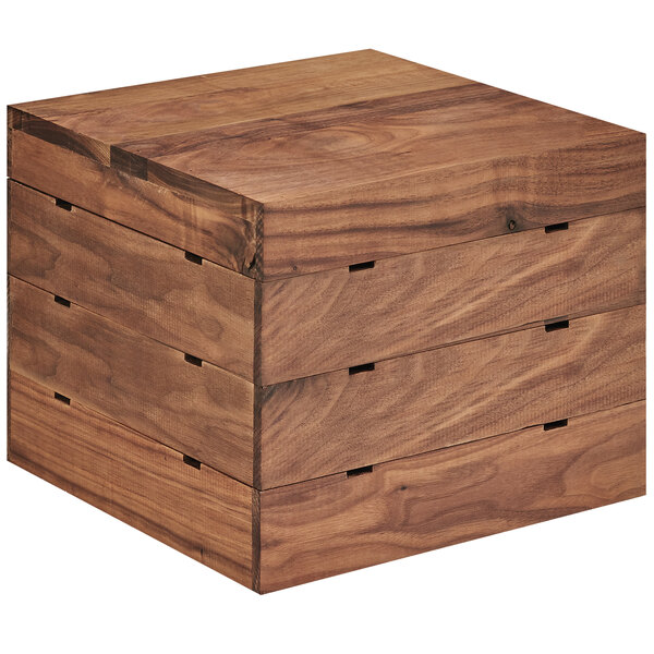 A Cal-Mil walnut wooden square crate riser with four compartments.