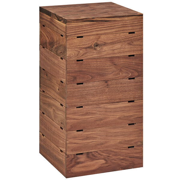 A walnut wooden square display crate with holes.