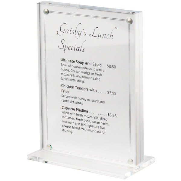 A Cal-Mil clear acrylic menu holder with a 4x6 white background and black text.