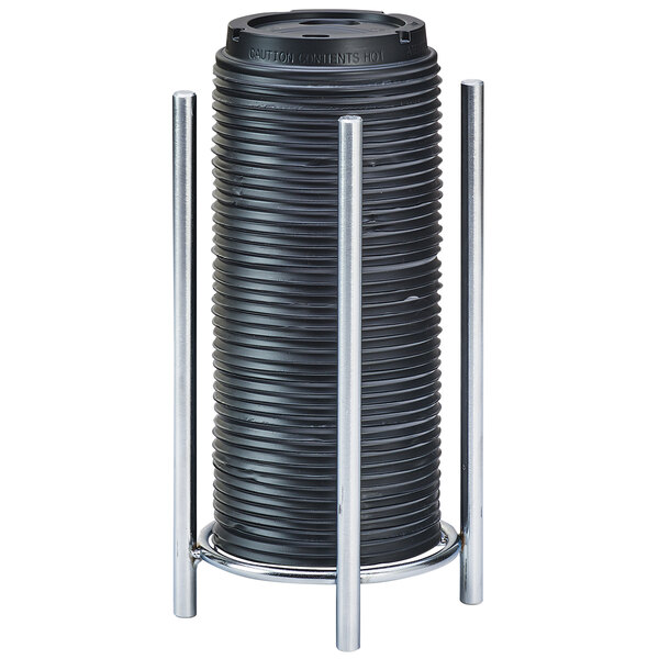 A black cylinder cup and lid organizer with metal legs.