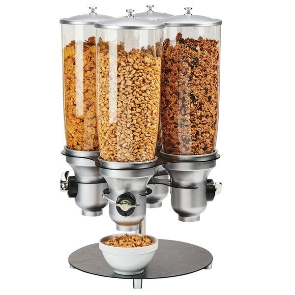A Cal-Mil rotating dry food dispenser filled with cereal.