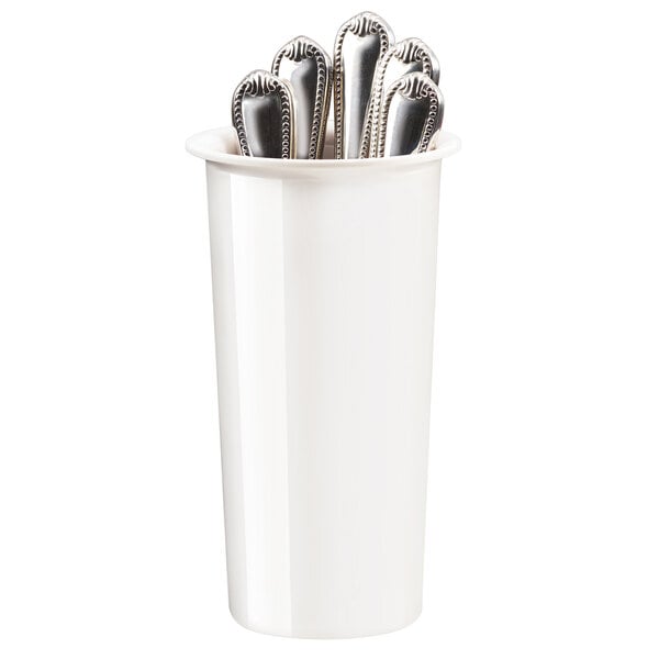 A white Cal-Mil extra deep solid melamine cylinder holding silverware.