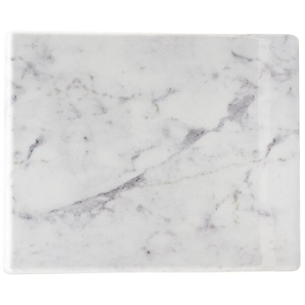 A white rectangular melamine serving board with a white marble surface and black veins.
