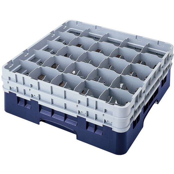 A navy blue plastic Cambro glass rack with 25 compartments and 6 extenders.