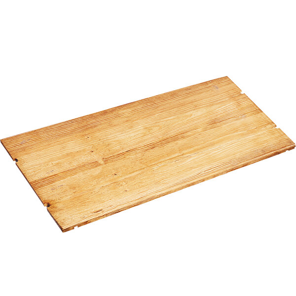 A Cal-Mil Madera rustic pine rectangular riser shelf on a wooden board.