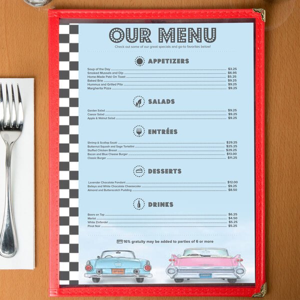The left insert of a menu with a retro car design.