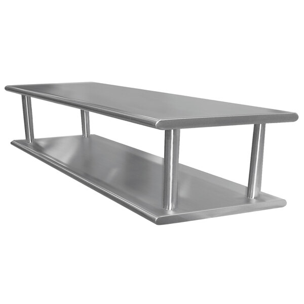 A stainless steel Advance Tabco wall mount shelf with two shelves on it.