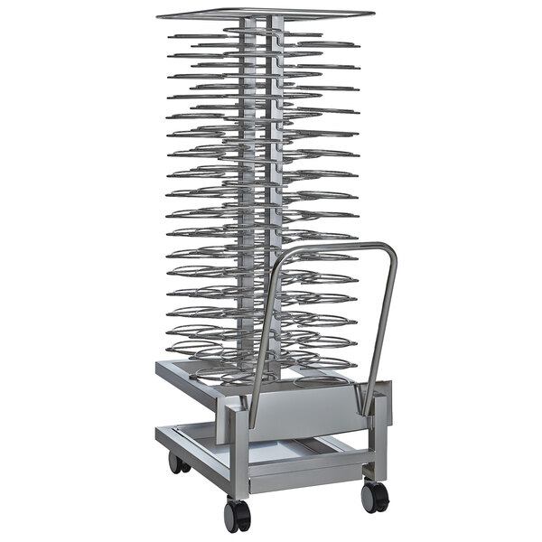 A stainless steel Alto-Shaam roll-in rack holding many plates.