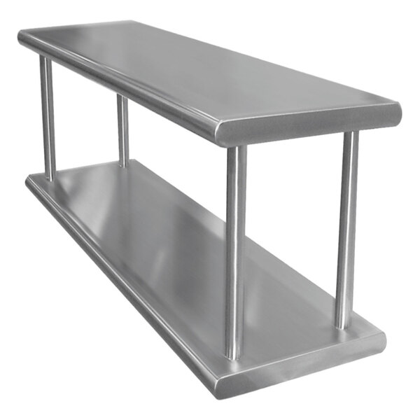 A stainless steel Advance Tabco pass-through shelf with two shelves on it.