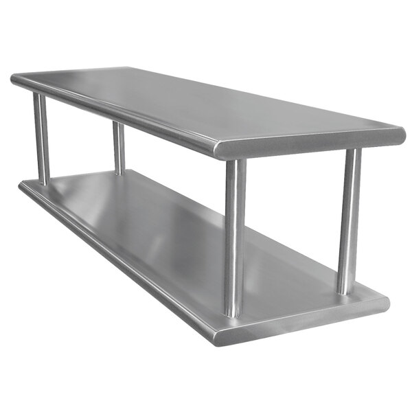 A stainless steel Advance Tabco wall mount shelf with two shelves.