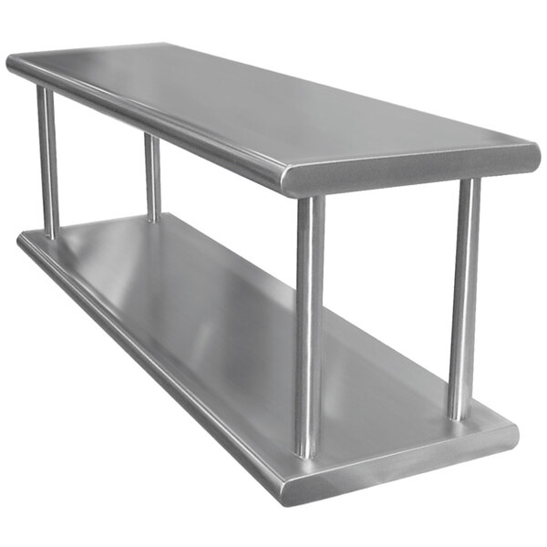 A stainless steel wall mount pass-through shelf with two metal shelves.