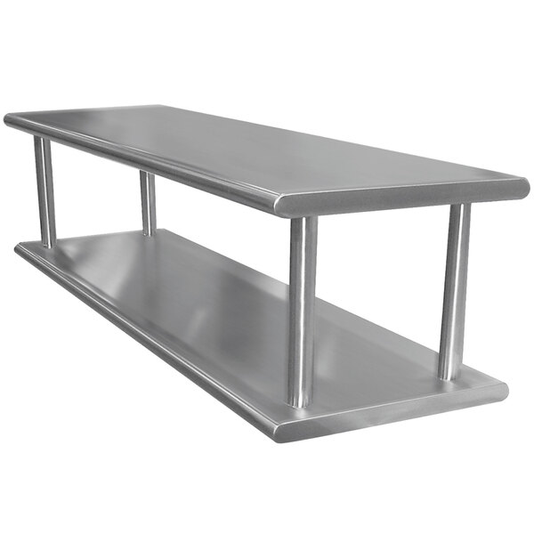 A stainless steel wall mount shelf with two metal shelves on it.