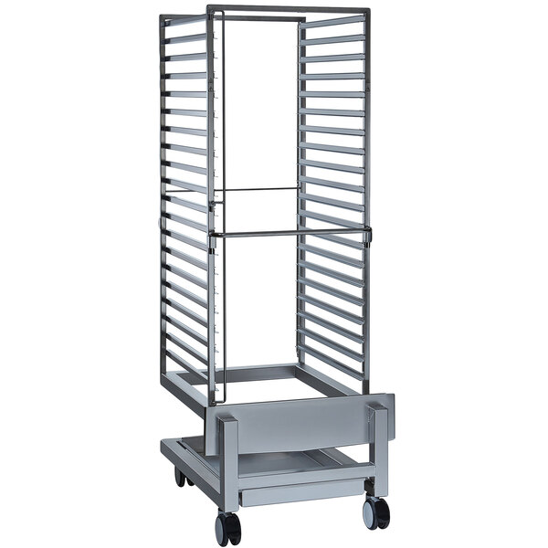 An Alto-Shaam stainless steel roll-in bun pan rack with shelves and wheels.
