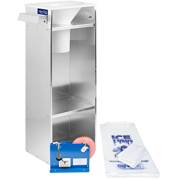 An Avantco ice bagger starter kit with a white container and blue bags.