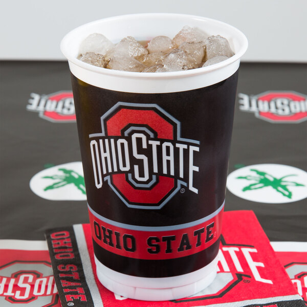 A Creative Converting Ohio State University plastic cup filled with ice on a white background.