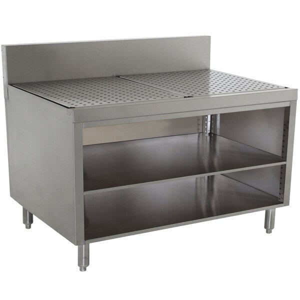 A stainless steel workbench with a shelf.