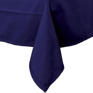 A close-up of a navy blue rectangular table cover with a hemmed edge.