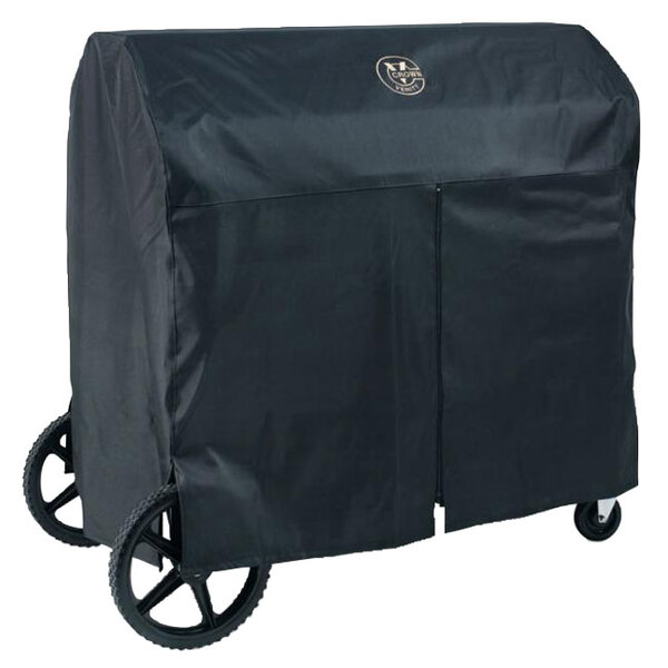 A black Crown Verity BBQ cover on a cart with wheels.