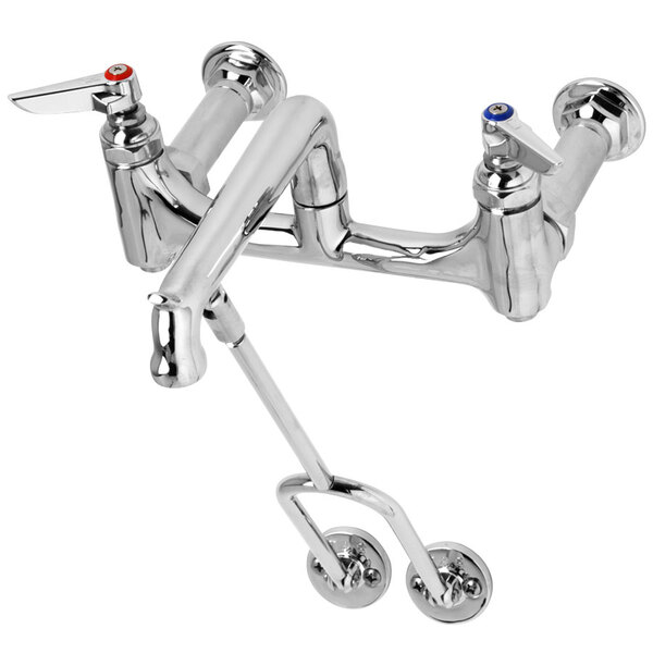A close-up of a chrome T&S mop sink faucet with two handles.