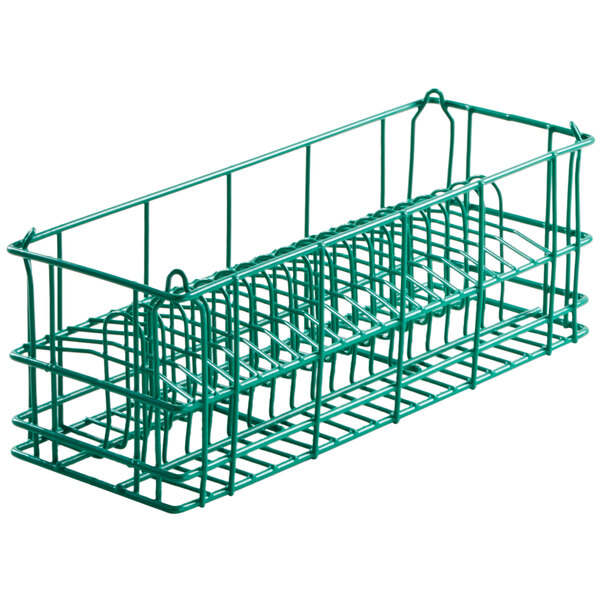 A green Microwire catering plate rack with several compartments.