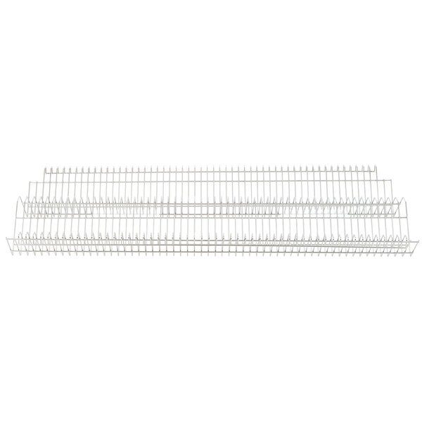 A stainless steel Metro rack with wire mesh on a white background.