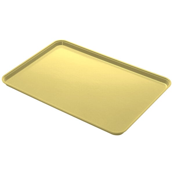 A close-up of a yellow Cambro rectangular tray.