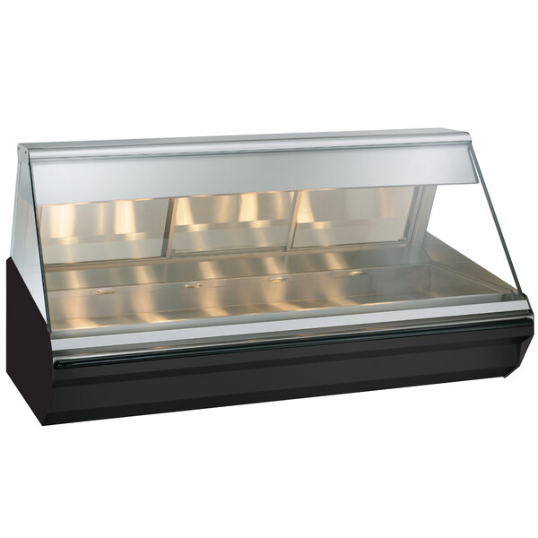 An Alto-Shaam black heated display case with angled glass on a counter.