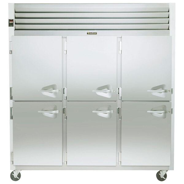 The left half of a Traulsen 3 section stainless steel refrigerator with white doors and handles.