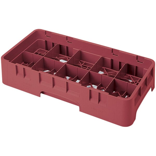 A cranberry red plastic Cambro glass rack with 10 compartments and extenders.