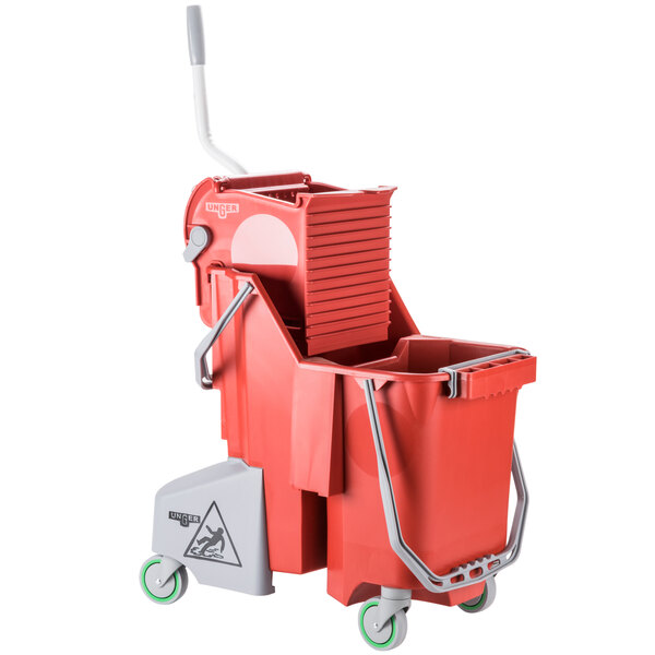 A Unger red mop bucket with a side-press wringer and wheels.