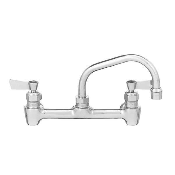A Fisher chrome wall mount faucet with two lever handles and a swing spout.