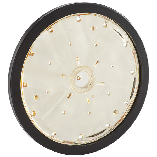 A circular Bunn sprayhead with a black rim and 21 holes.
