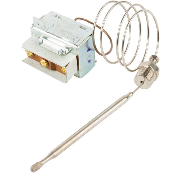 An Avantco high limit thermostat with a metal box and wire and a metal rod.