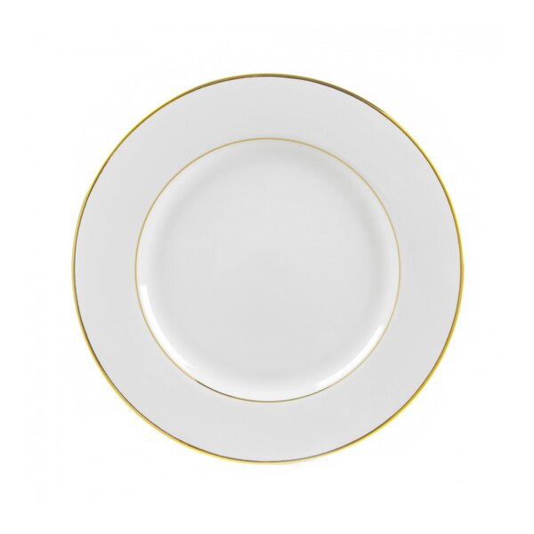 A white 10 Strawberry Street porcelain plate with double gold lines.
