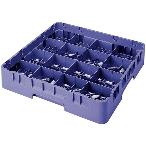 A navy blue plastic rack with 16 compartments.