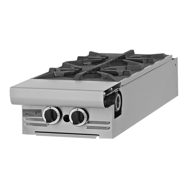 A Garland stainless steel liquid propane range attachment with two burners.