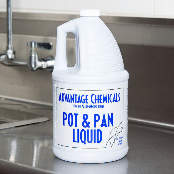 A white jug of Advantage Chemicals pot and pan liquid detergent with blue text on it.