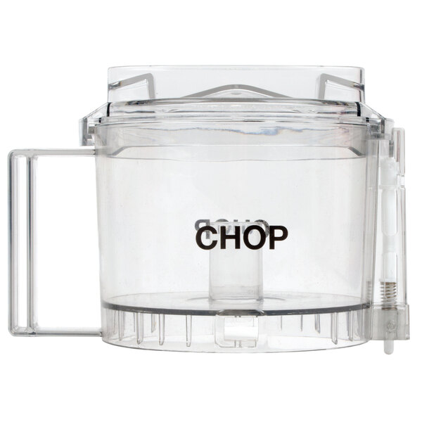 A clear plastic Waring chopping bowl with a clear lid.
