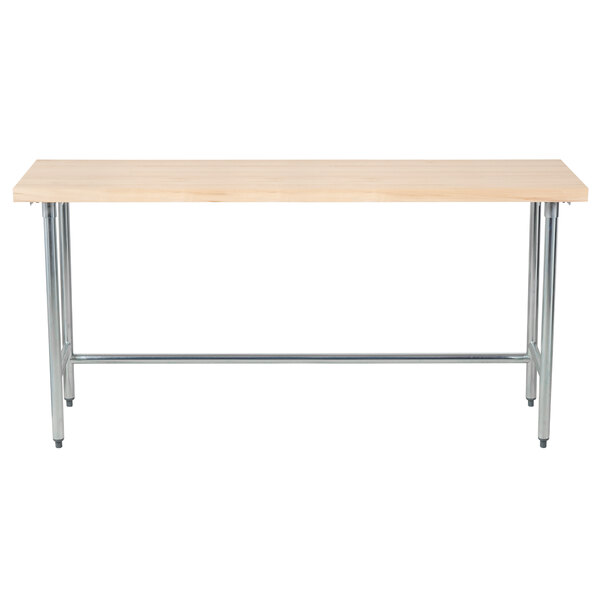 An Advance Tabco wood top work table with a galvanized metal base.